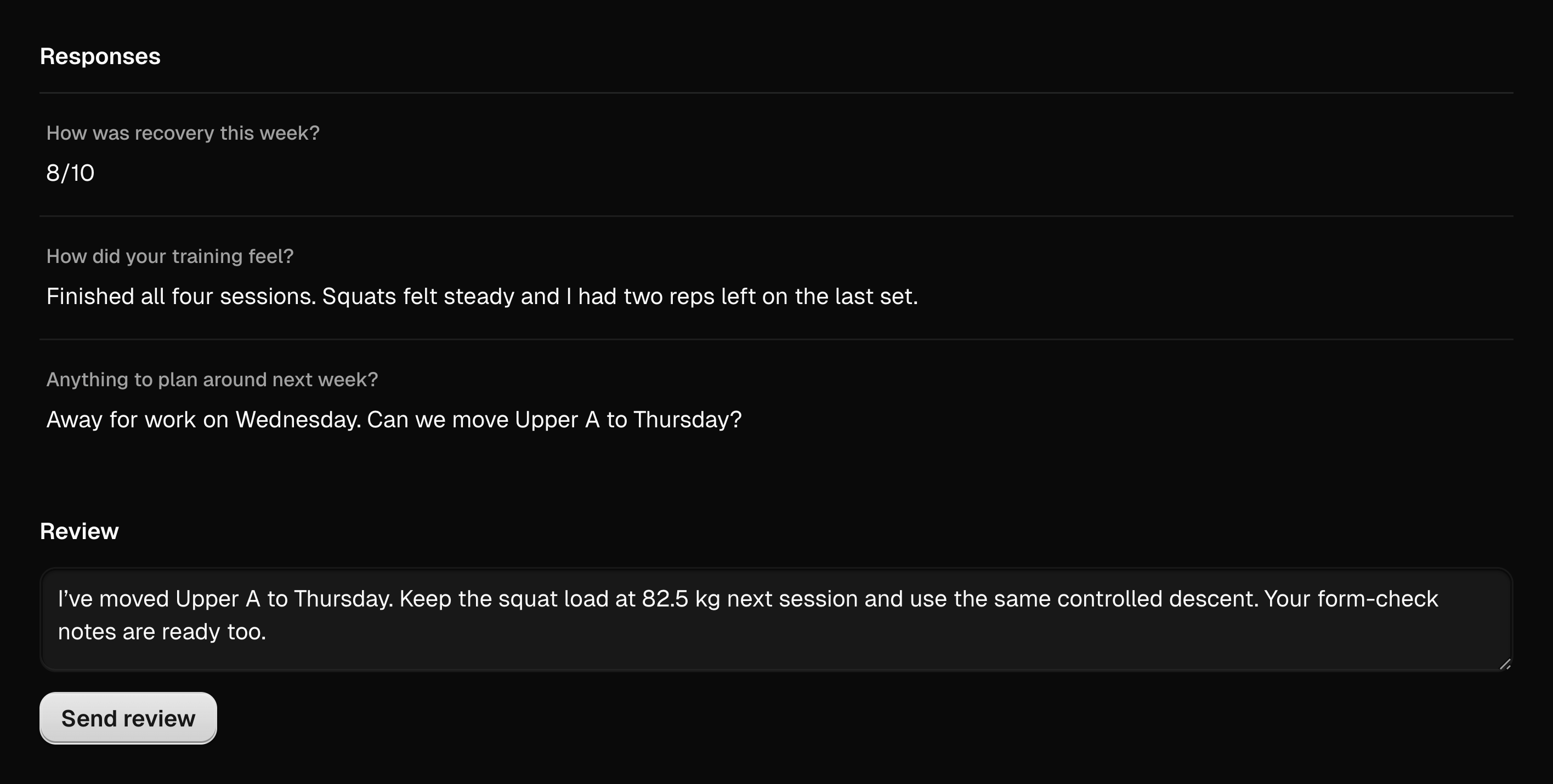 Alex Morgan’s submitted weekly check-in, with their answers and the coach’s review area.