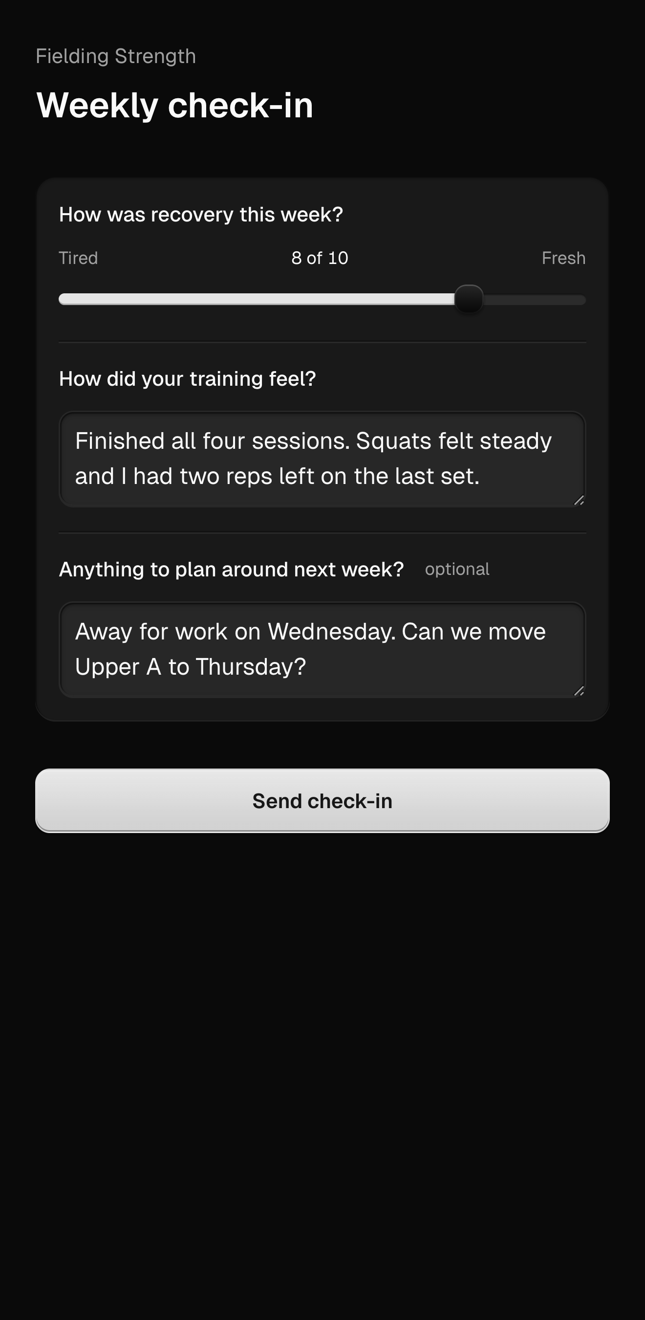 The client’s mobile view of a weekly check-in, with questions about their training and recovery.