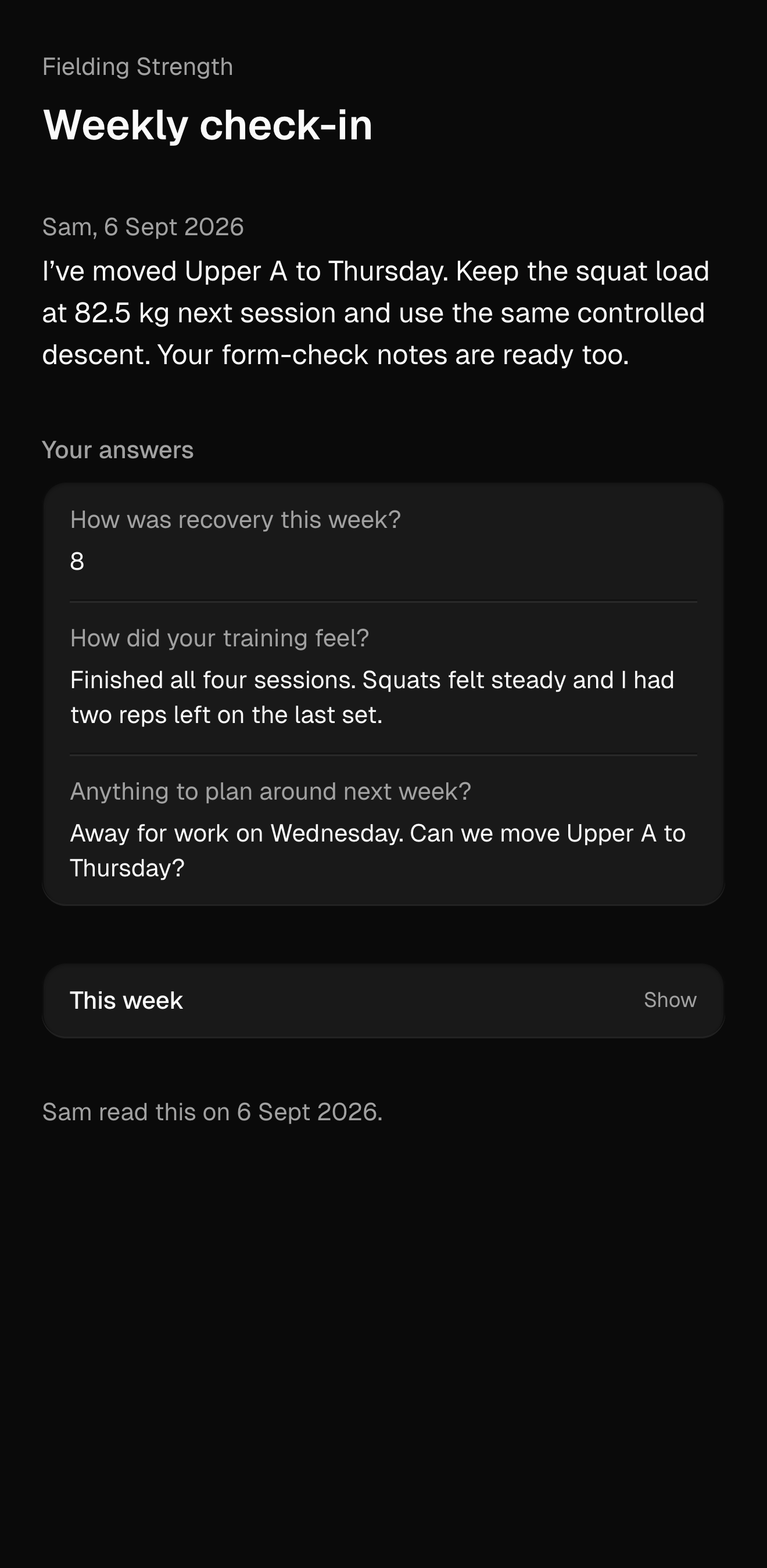 The client’s mobile view of their answered check-in and feedback from their coach.