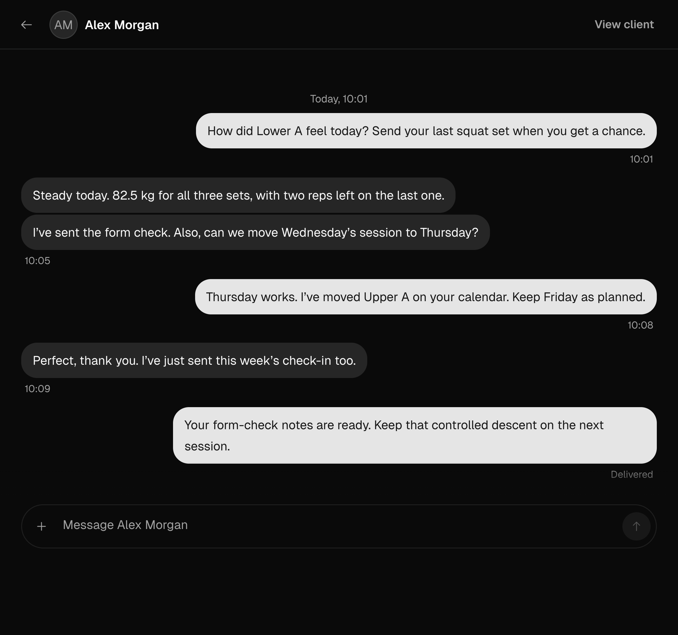 A Method conversation between Alex Morgan and their coach about the week’s training, including a change to the next training day.