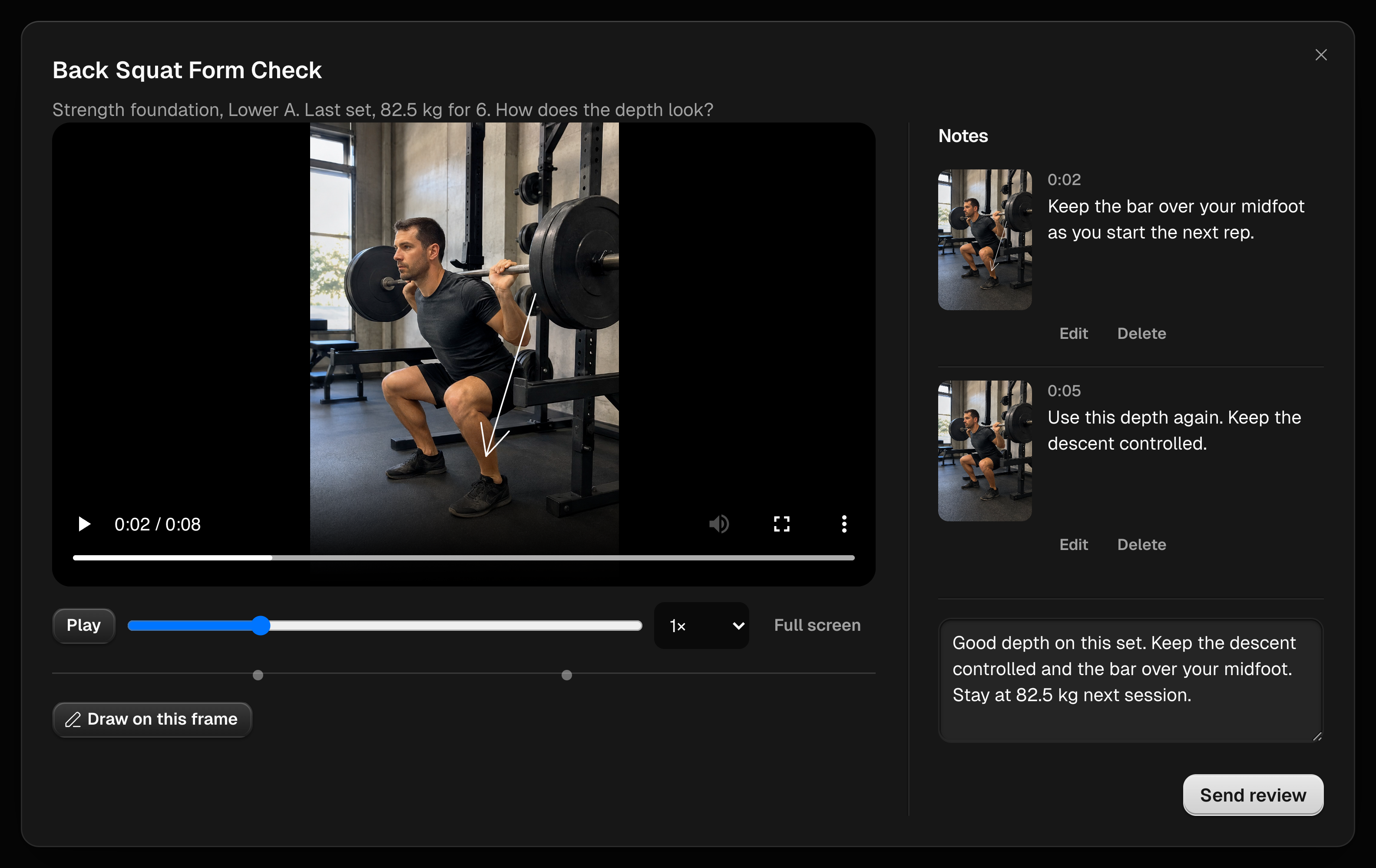 A paused exercise video in Method’s form check review, with a drawing on the frame and timestamped coach feedback beside it.