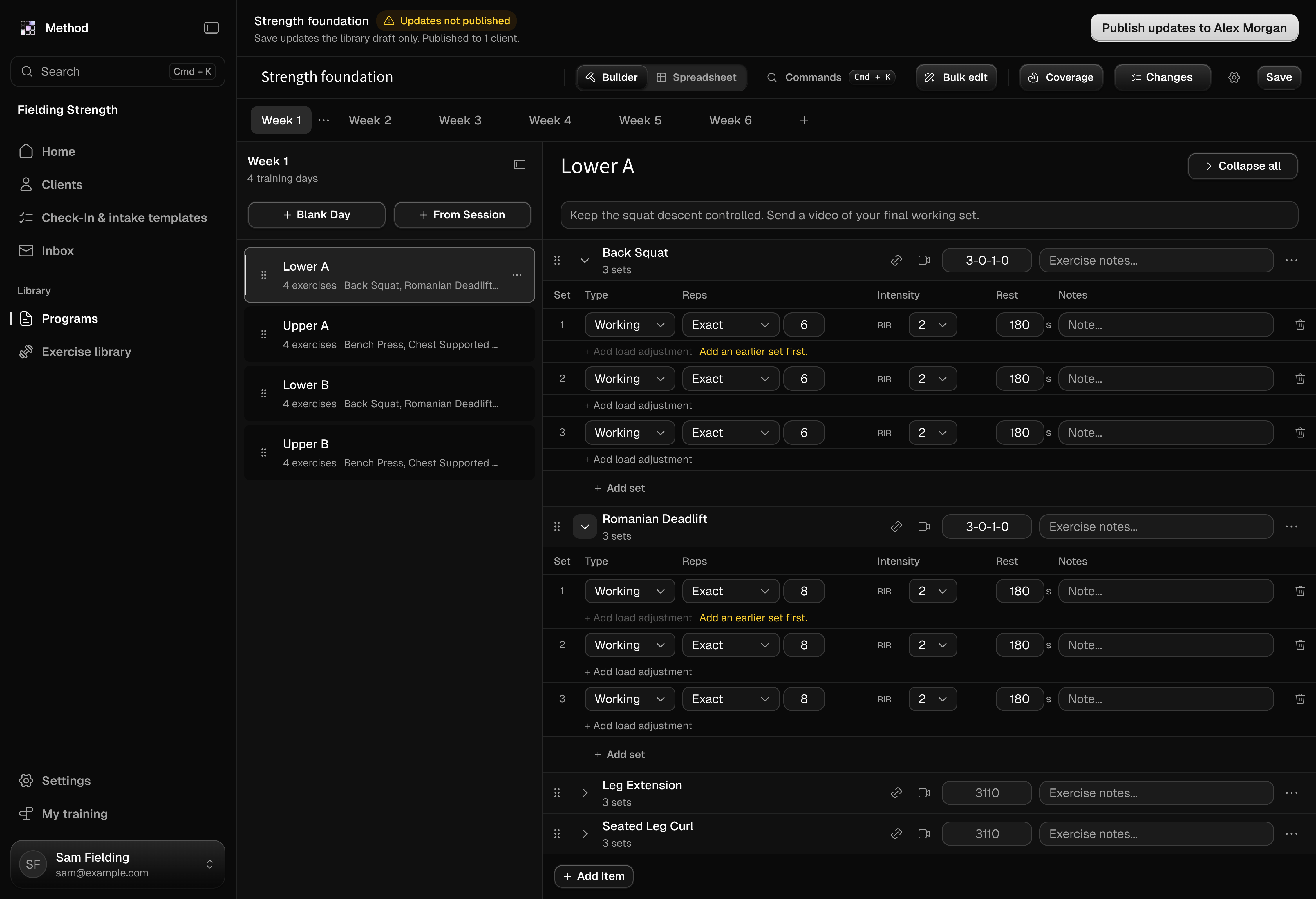 Alex Morgan’s strength program in the Method editor, with training weeks and prescribed sets, reps, effort, and rest.