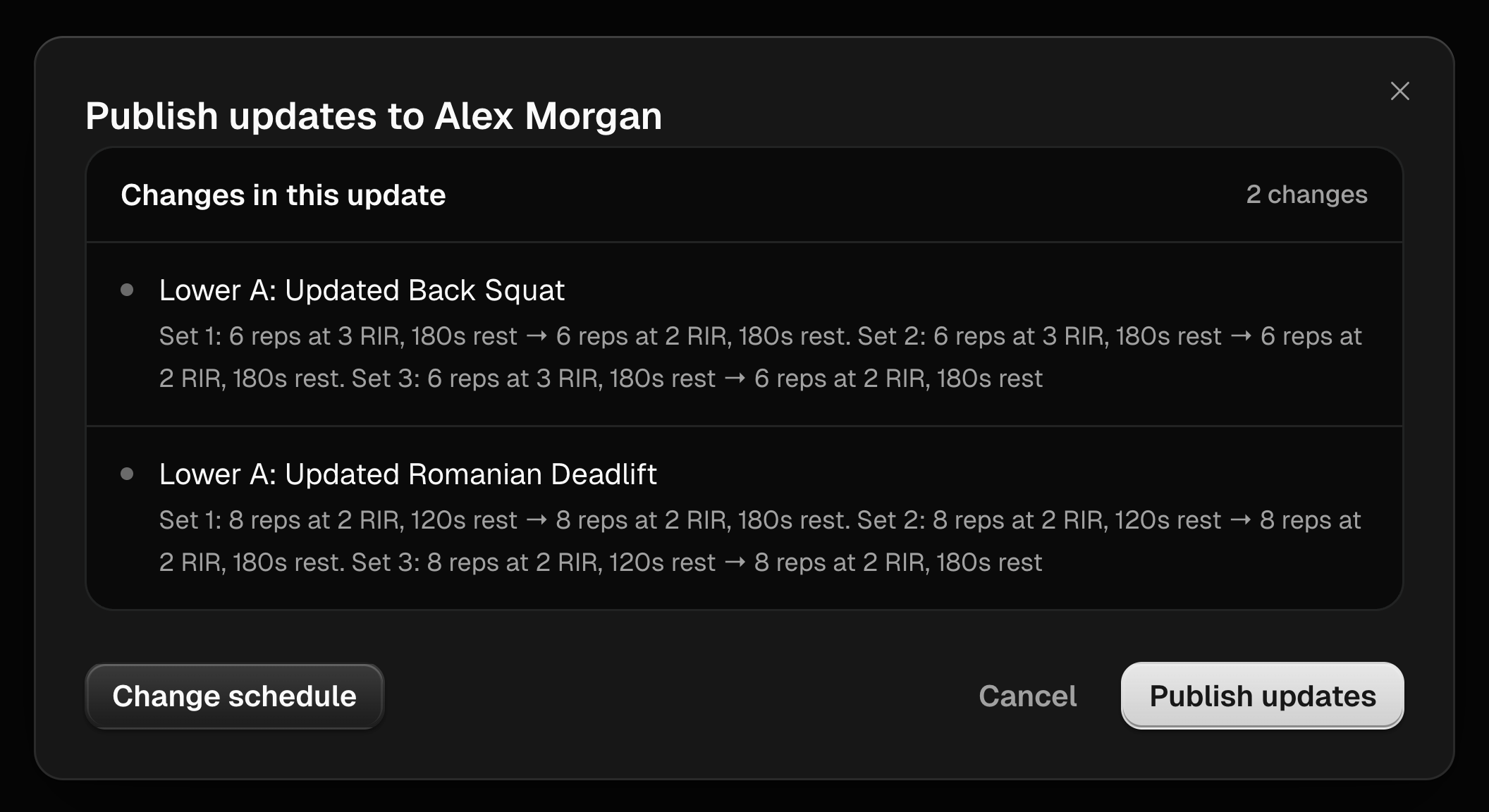 Method program publish review showing the changes Alex Morgan will receive before the coach publishes them.