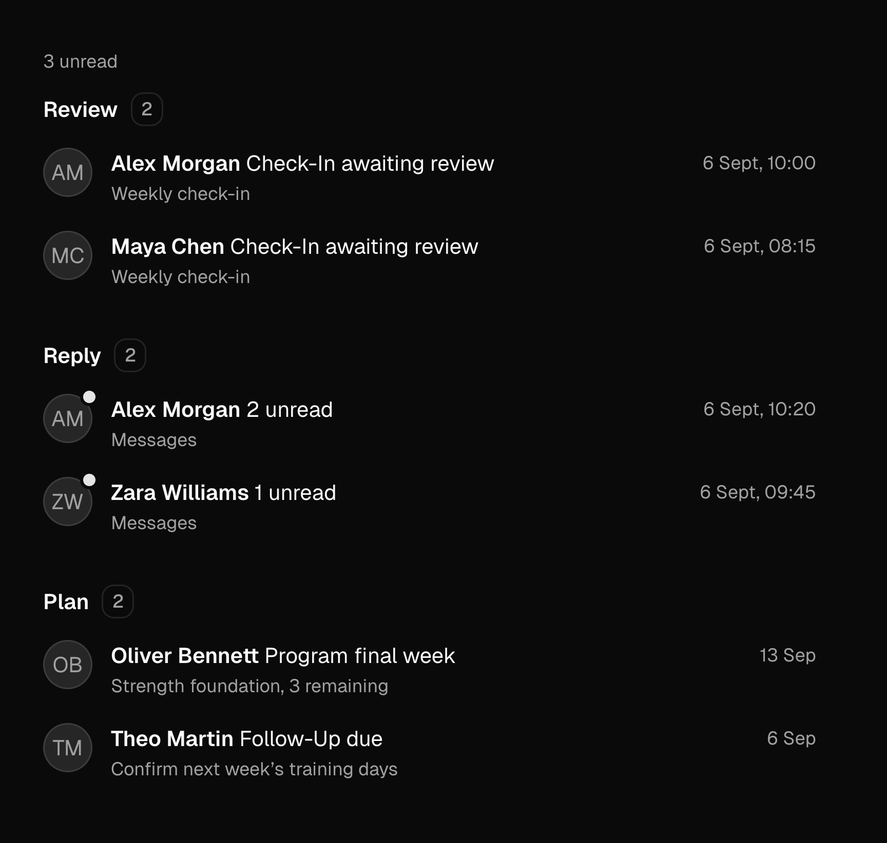Coach Today showing a submitted check-in, unread client messages, and training to plan.