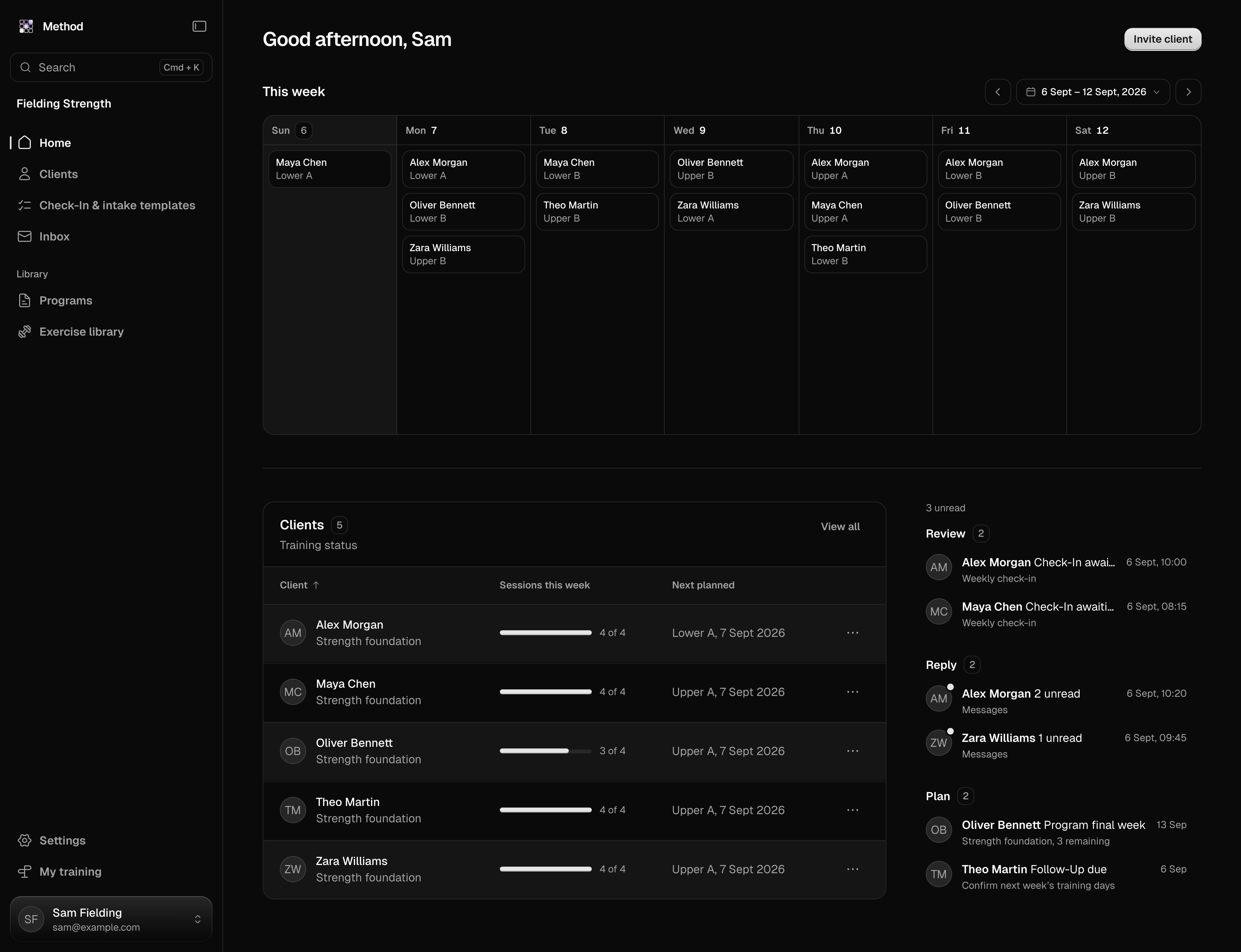 Method coach workspace with a week of client sessions, the client roster, and work grouped under Review, Reply, and Plan.