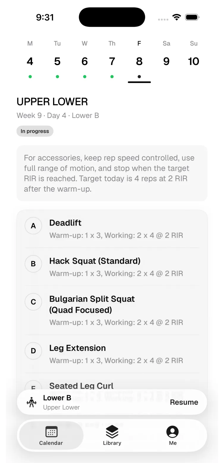 Method iOS Calendar tab showing scheduled training days.