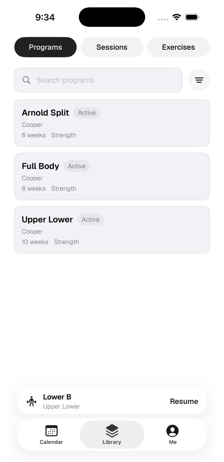 Method iOS Library tab showing programs, sessions, exercises, search, and filters.