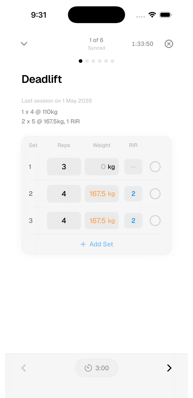 Method iOS workout logging screen with exercise rows and set targets.