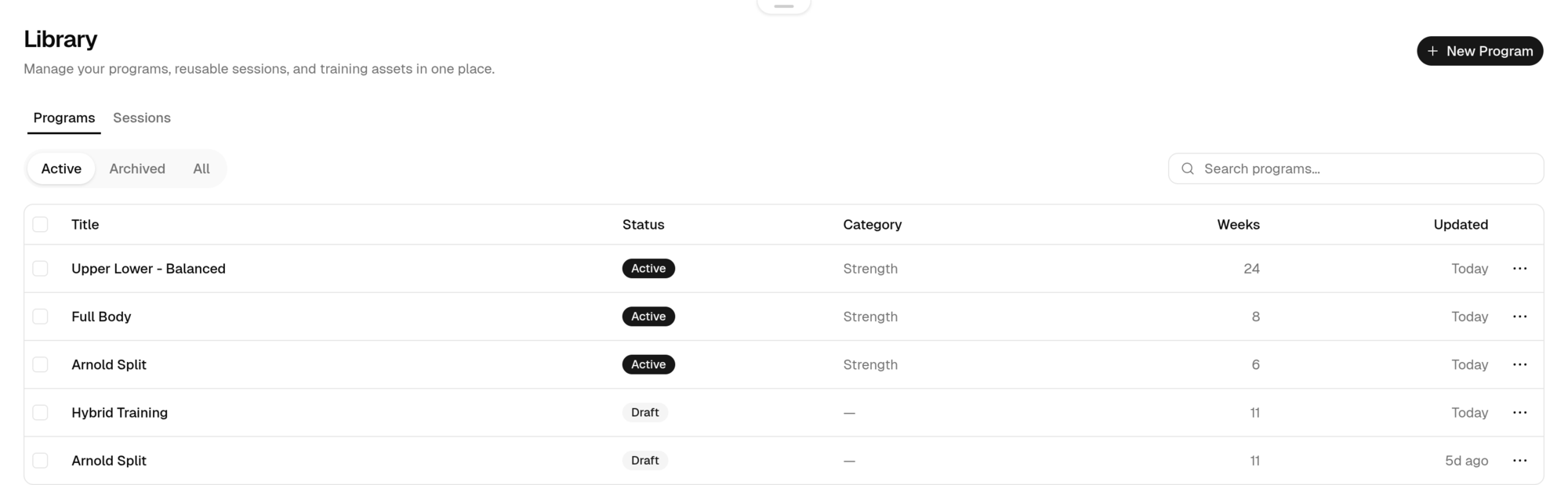 Method web Library listing programs with status, category, week count, and last updated.