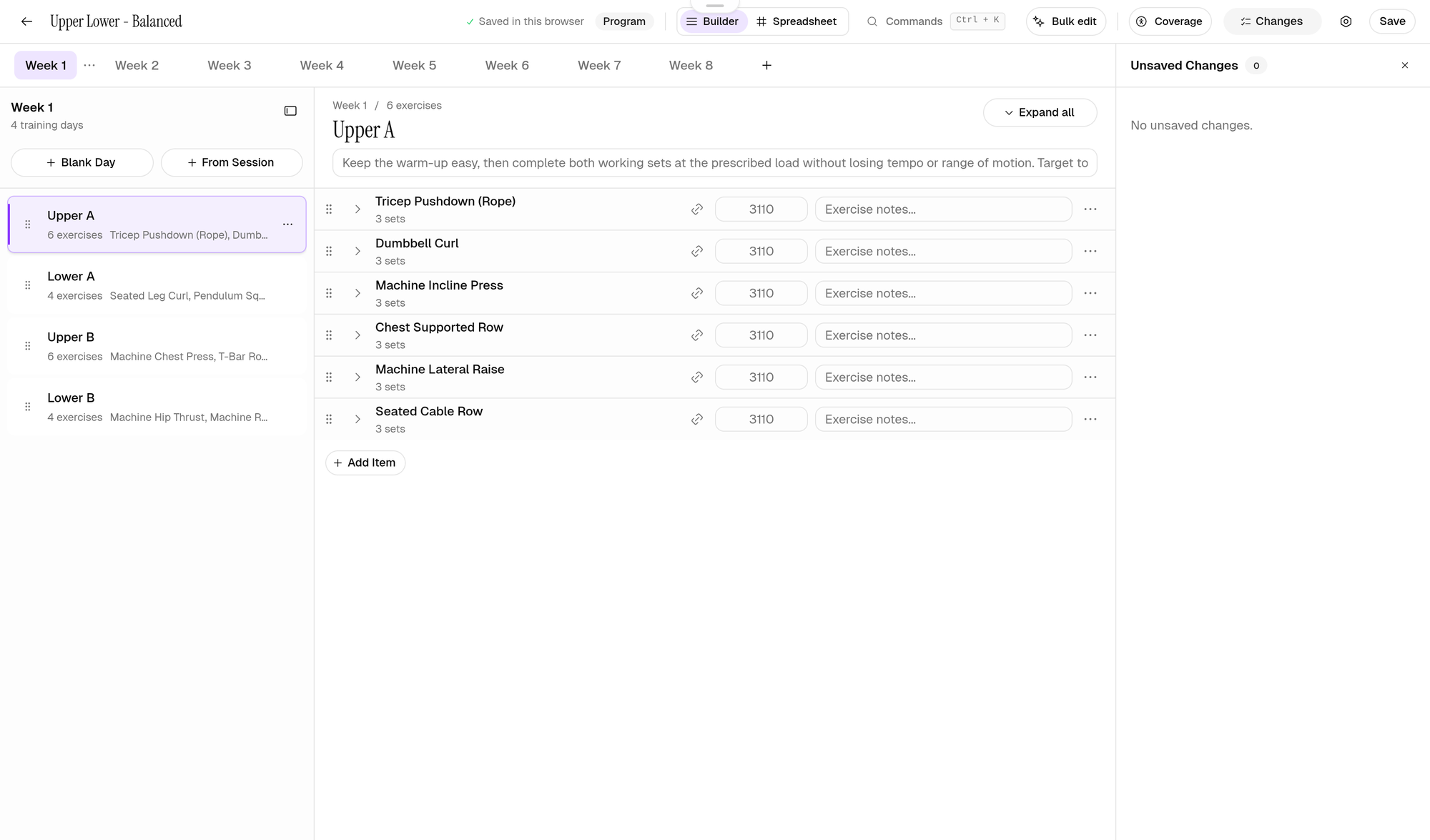 Method web program builder with the week strip, training day rail, and exercise rows.