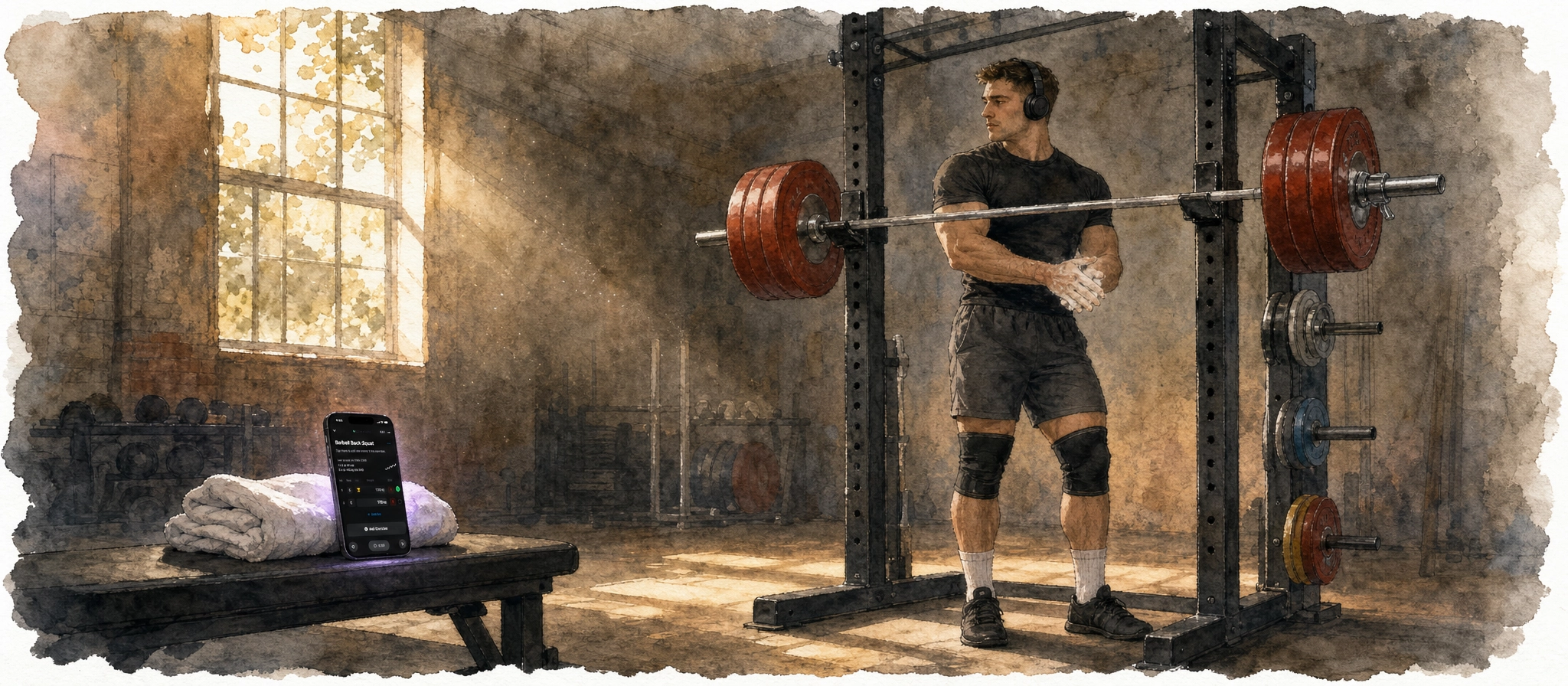 Watercolor painting of a powerlifter resting between sets at a squat rack, a phone propped on a bench nearby showing the workout log.