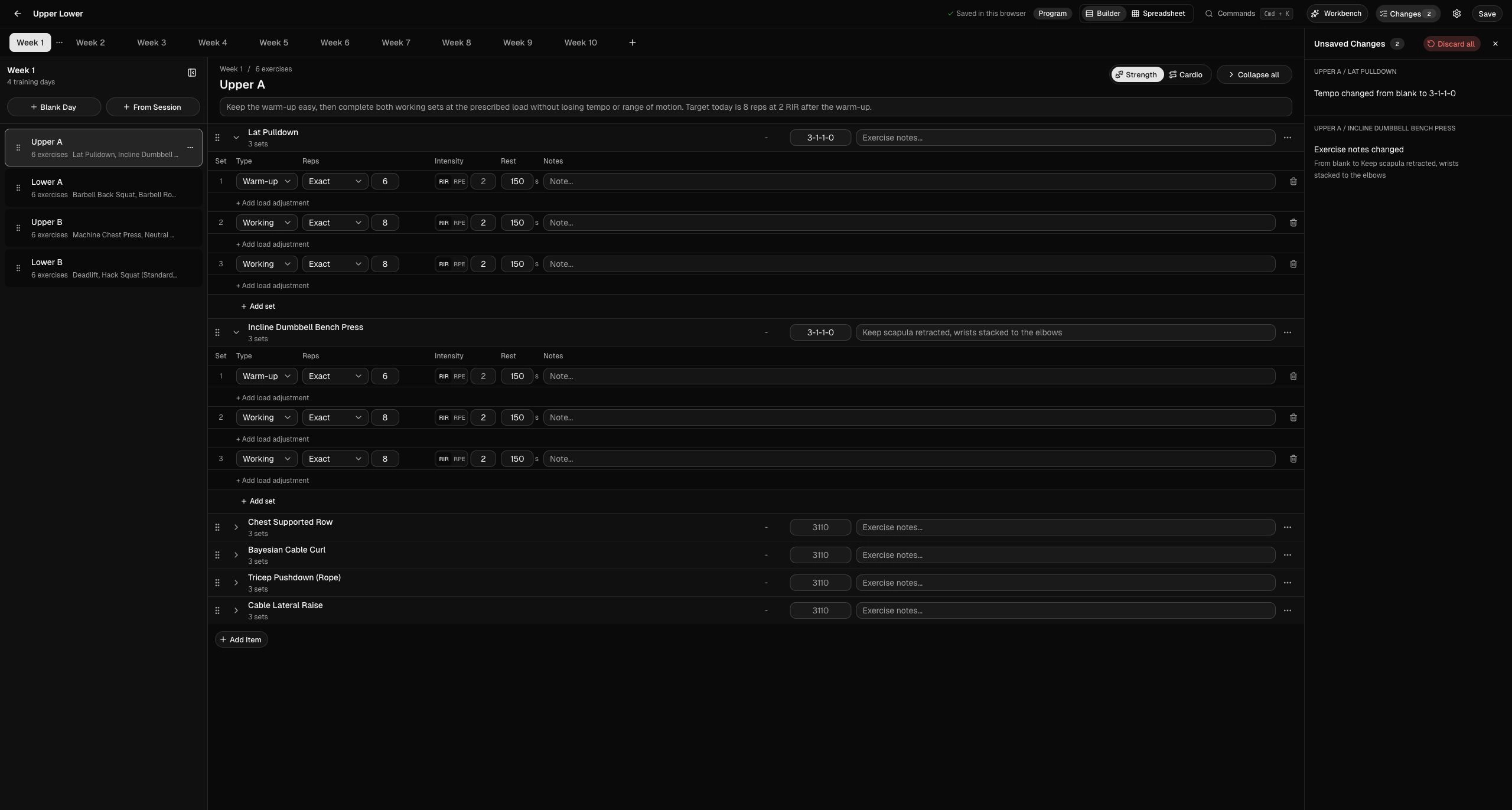 Method program builder on the web, showing a training block laid out across weeks and days.