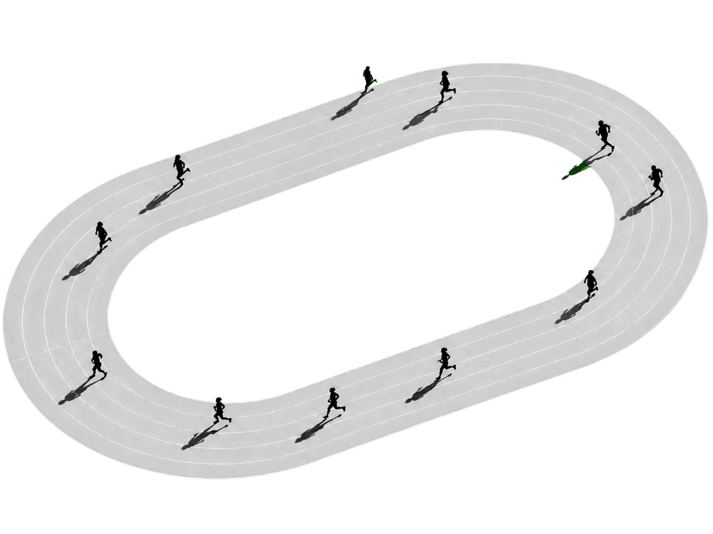 Aerial view of runners spaced evenly around a running track.